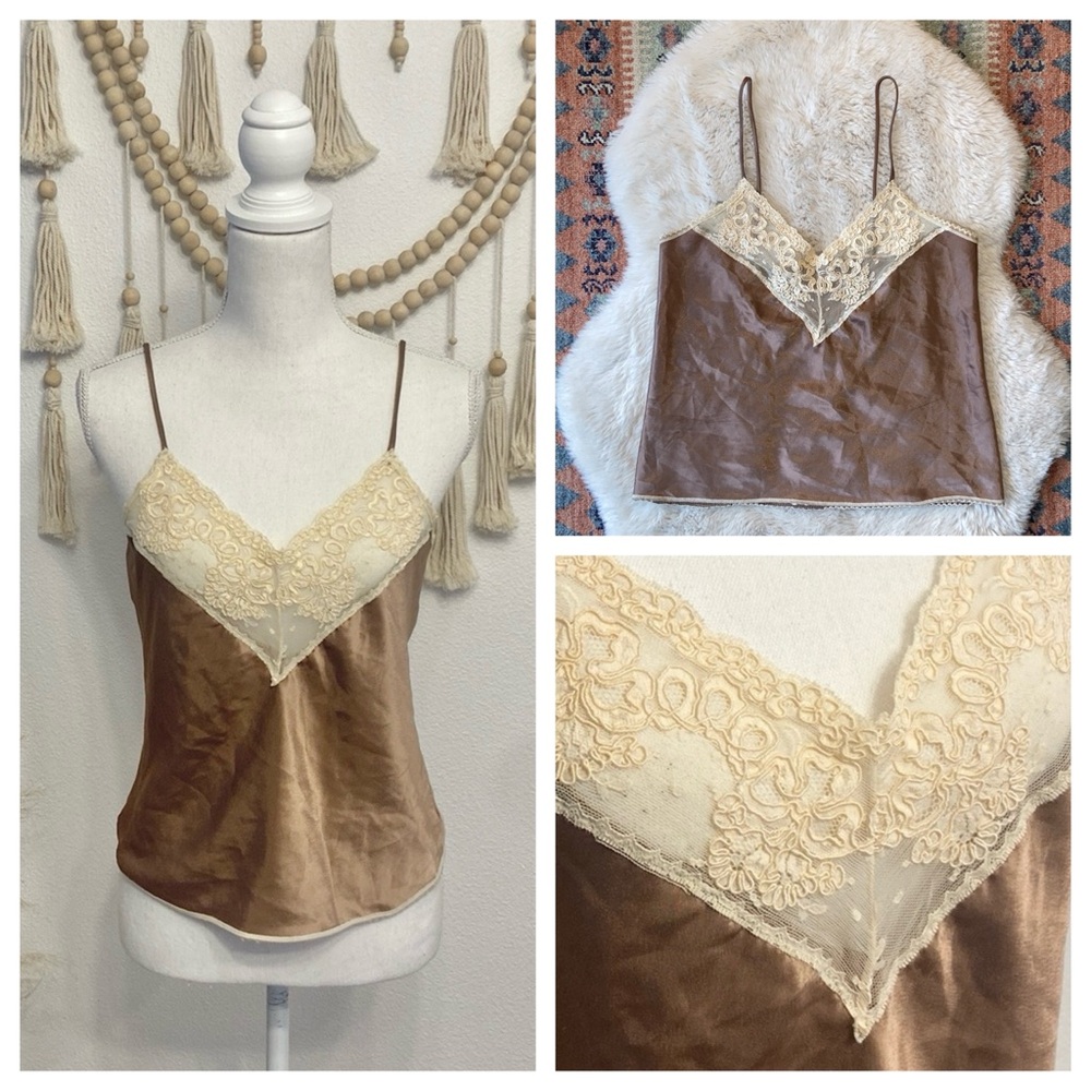 Vintage satin lace camisole tank top neutral brown cream no size small medium